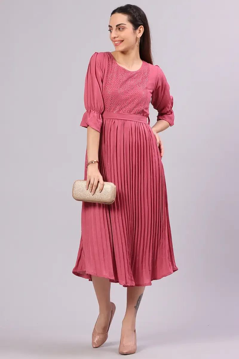 Cotton Blend Pleated Sequined Dress for Women 019850DEEPINXL