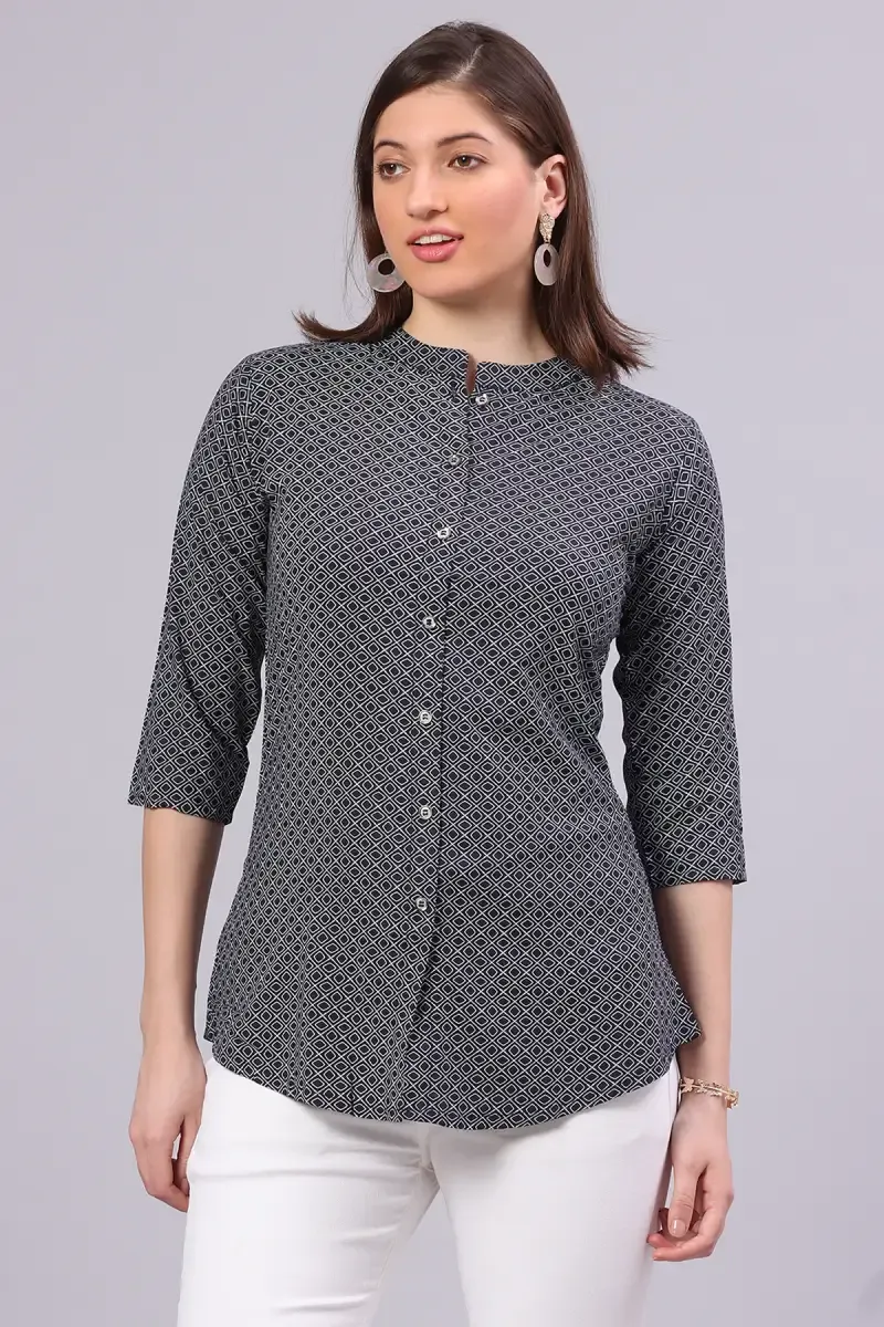 Cotton Blend Abstract Printed Top for Women 019860XLNAVBLU