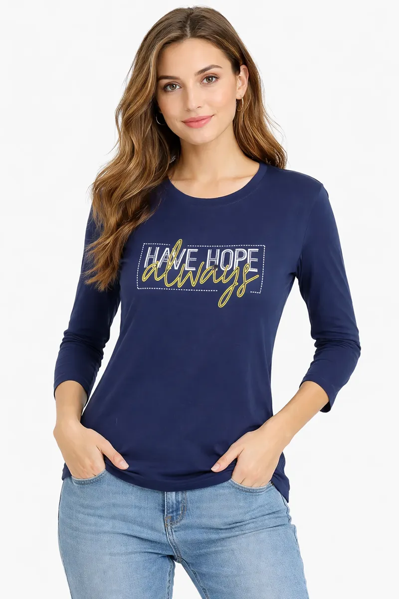 Cotton Lycra Typographic Printed T-Shirt for Women 020845XXLNAVBLU