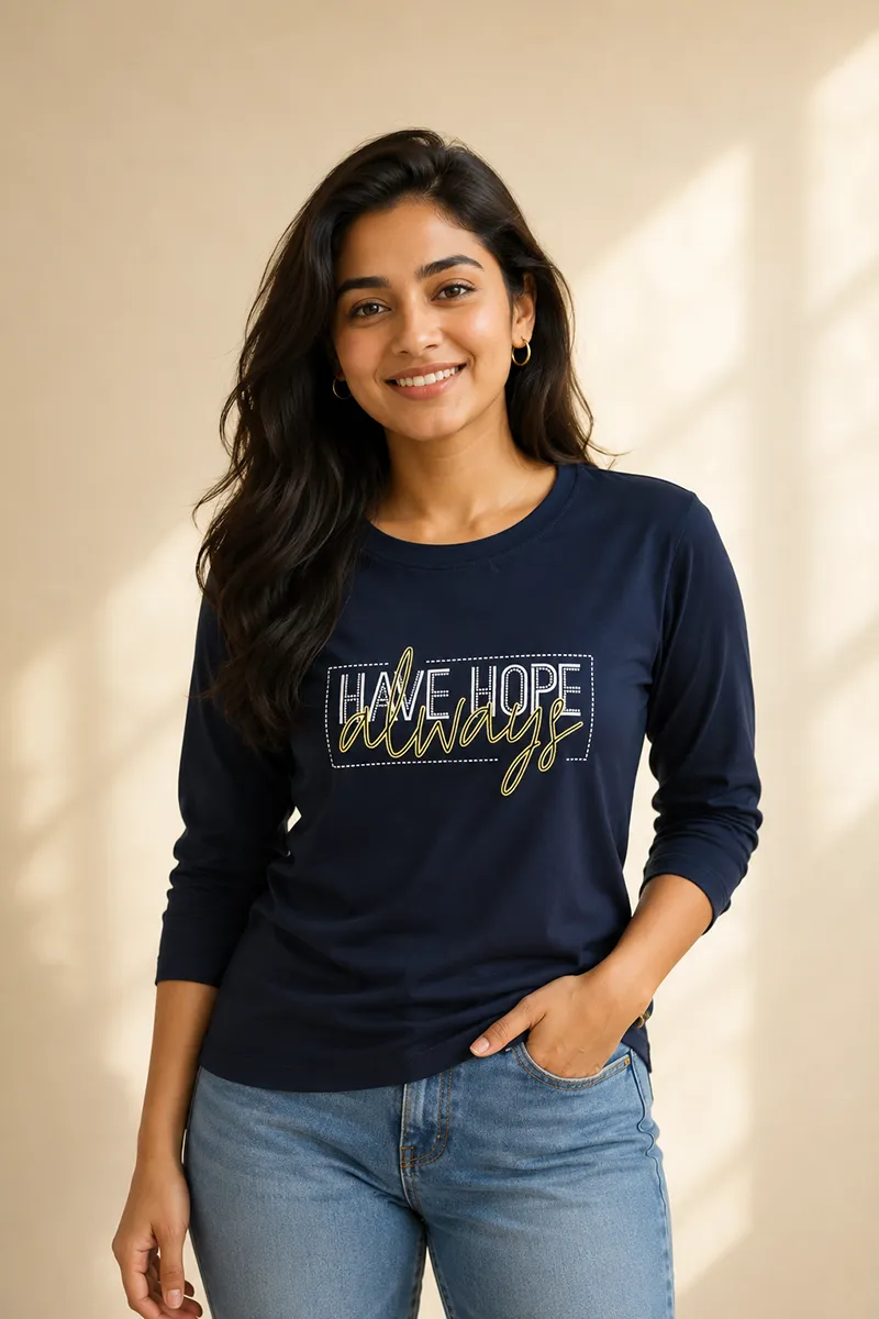 Cotton Lycra Typographic Printed T-Shirt for Women 020845XLNAVBLU