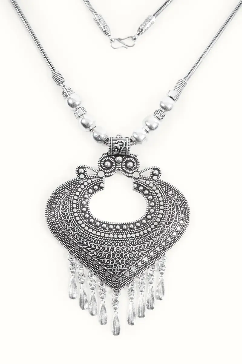 Oxidised Silver Heart Shape Long Necklace for Women