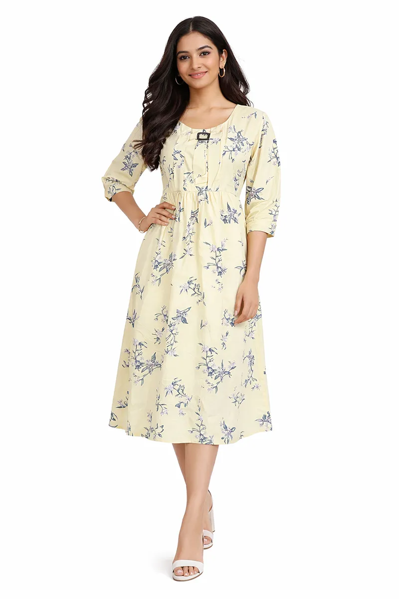 Viscose Rayon Botanical Print Midi Dress for Women 022404YELM