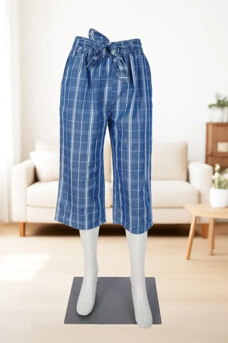 Cotton Checkered Capri for Women 022432BLUXL