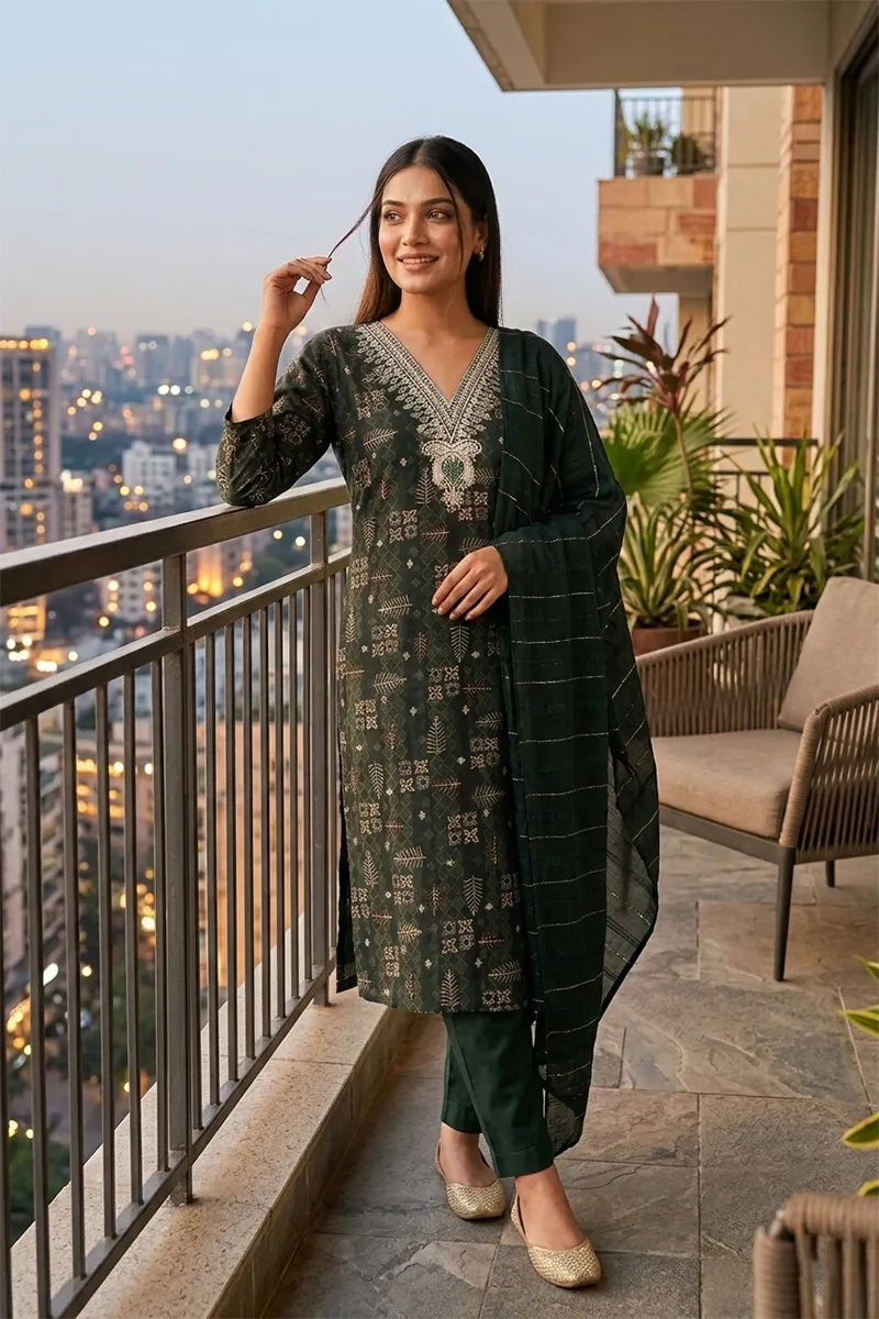 Rayon Sequined Kurti with Pant & Dupatta Set for Women 022562LGRE Kurti set kurthi 3 pcs set kurtha set salwar set 3 piece salwar set three pies kurti set kurti3set