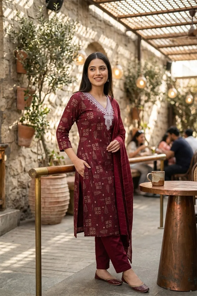 Rayon Sequined Kurti with Pant & Dupatta Set for Women 022562XLMAR Kurti set kurthi 3 pcs set kurtha set salwar set 3 piece salwar set three pies kurti set kurti3set