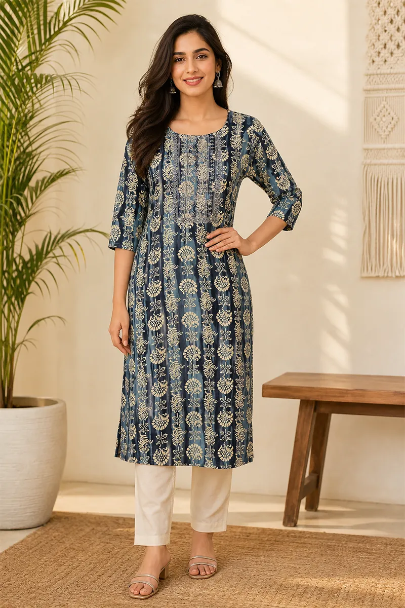 Cotton Embroidered Kurta for Women 022720XXLBLU - Blue kurti - XXL kurti