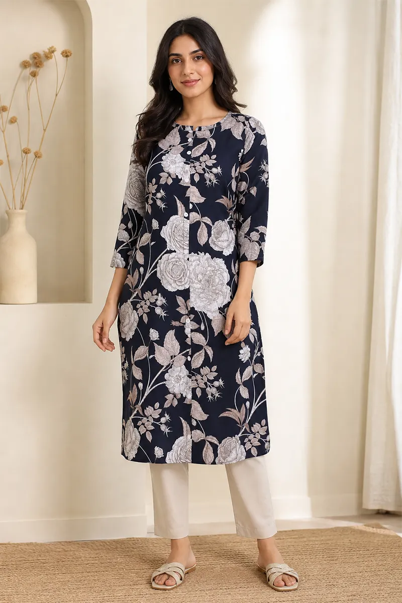 Rayon Printed Straight Cut Kurta for Women 022976MNAVBLU