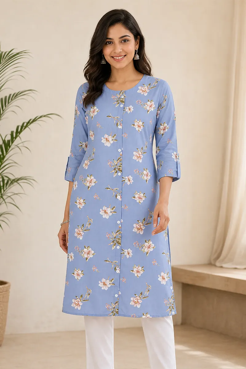 Rayon Printed Straight Cut Kurta for Women 022978XXLBLU - Blue kurti - XXL kurti
