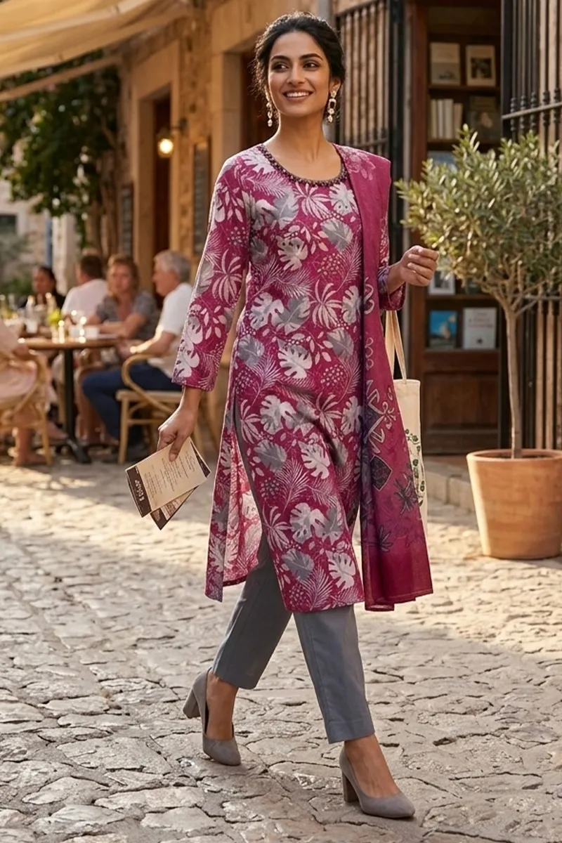 Chiffon Printed Kurta with Pant & Dupatta Set for Women 023052XXLMAG