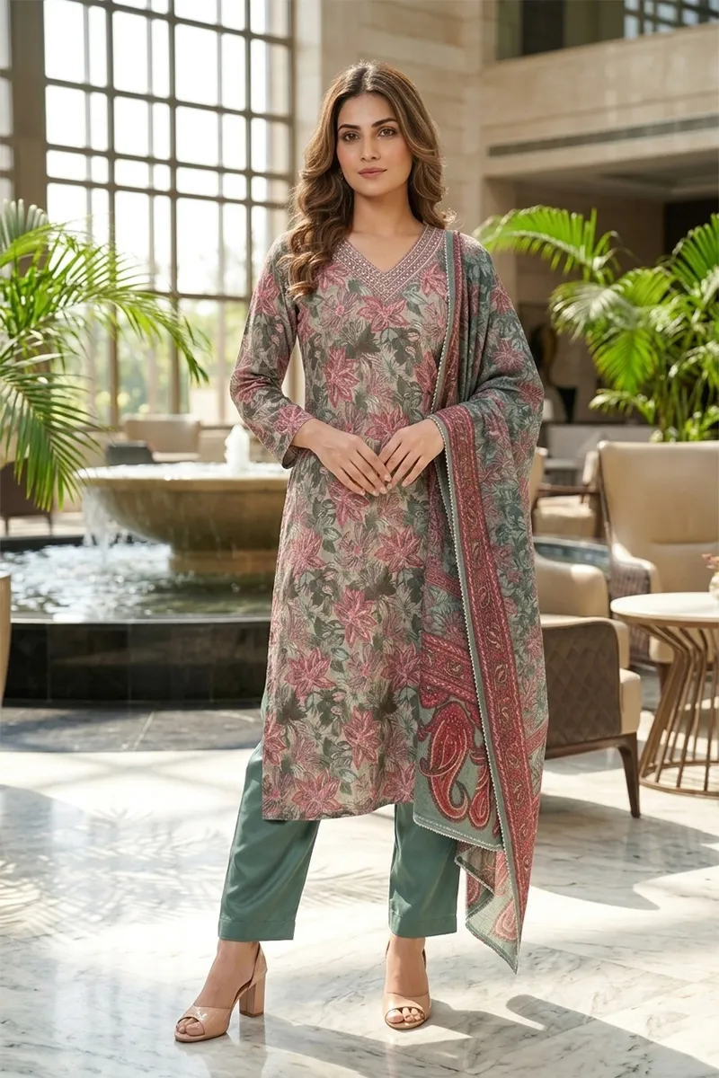 Chanderi Silk Printed Kurta with Pant & Dupatta Set for Women 023059XXLGRE2