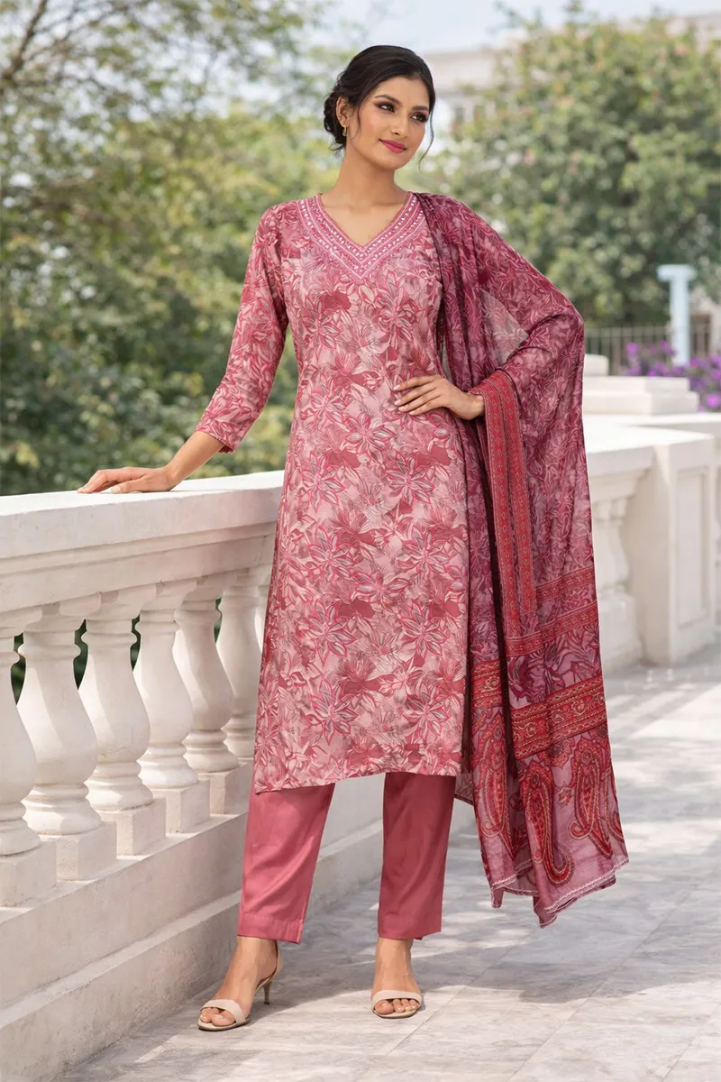 Chanderi Silk Printed Kurta with Pant & Dupatta Set for Women 023059XXLMAU2