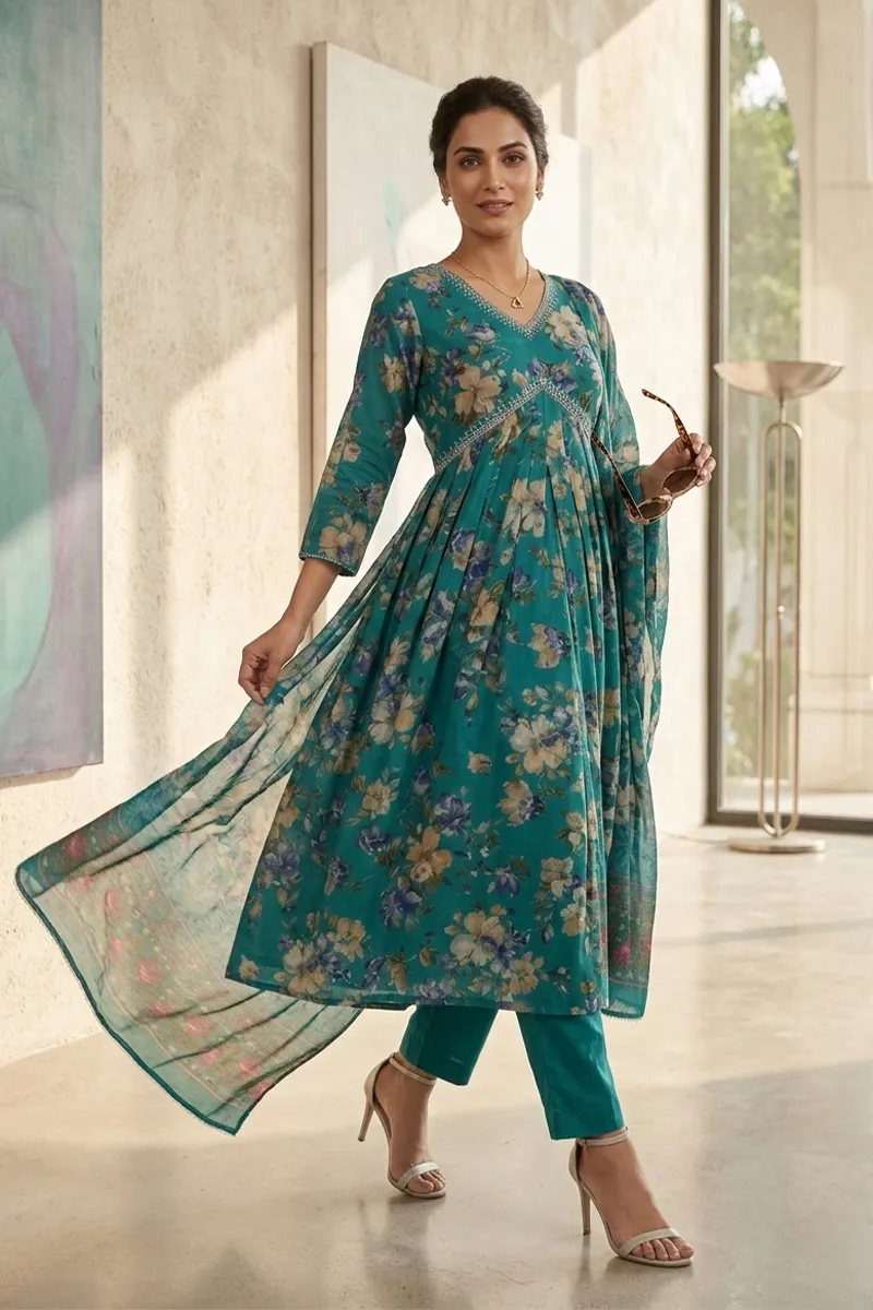 Chanderi Silk Printed Kurti with Pant & Dupatta Set for Women