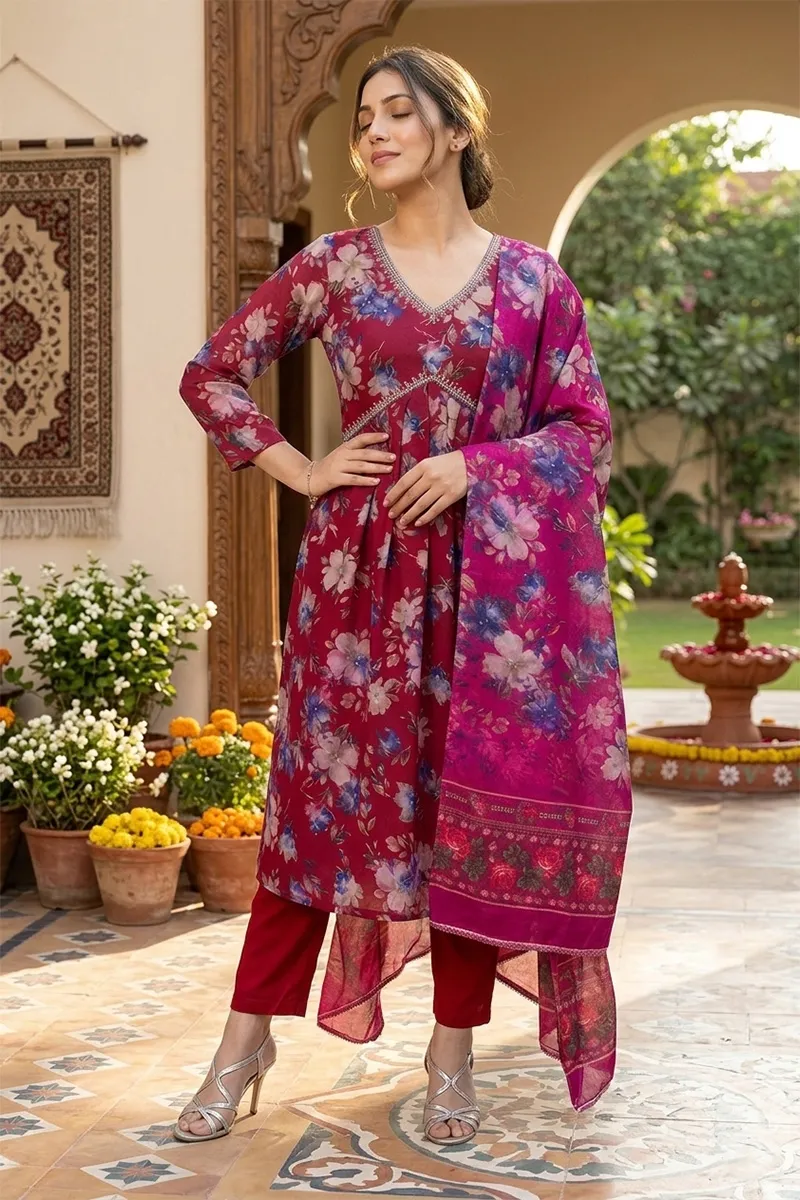 Chanderi Silk Printed Kurti with Pant & Dupatta Set for Women