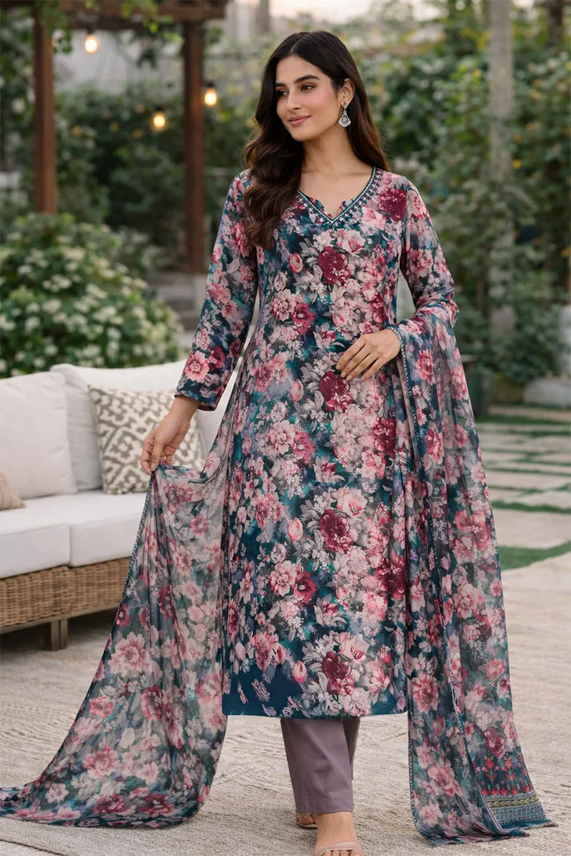 Chiffon Printed Kurta with Pant & Dupatta Set for Women 023070XLMUL Kurti set kurthi 3 pcs set kurtha set salwar set 3 piece salwar set three pies kurti set kurti3set
