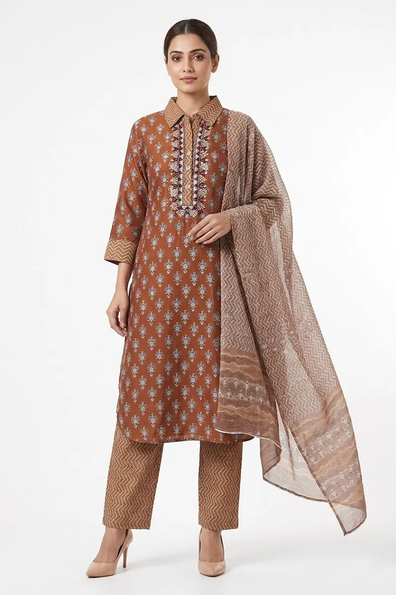 Chanderi Silk Printed Kurta with Pant & Dupatta Set for Women 023073MMUS