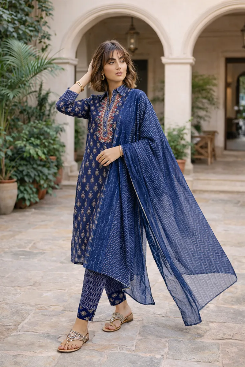 Chanderi Silk Printed Kurta with Pant & Dupatta Set for Women 023073MNAVBLU