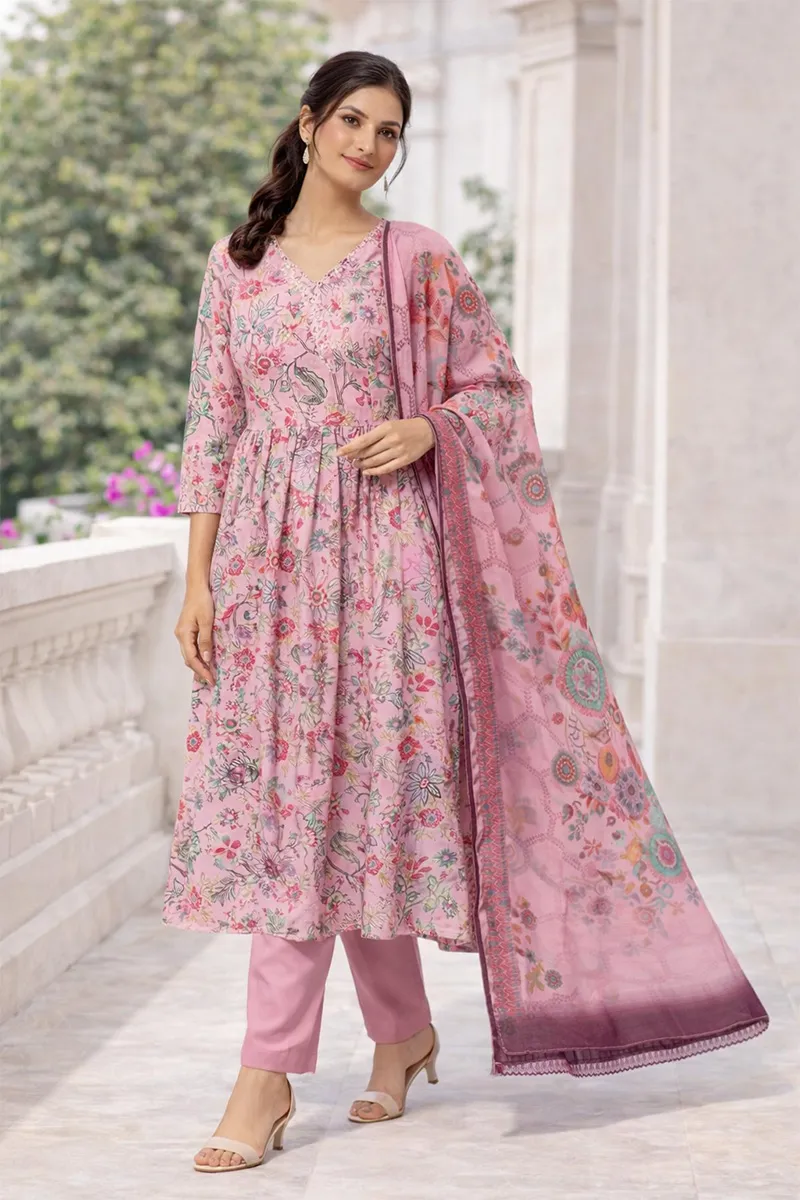 Chiffon Printed Kurti with Pant & Dupatta Set for Women 023077XLPIN Kurti set kurthi 3 pcs set kurtha set salwar set 3 piece salwar set three pies kurti set kurti3set