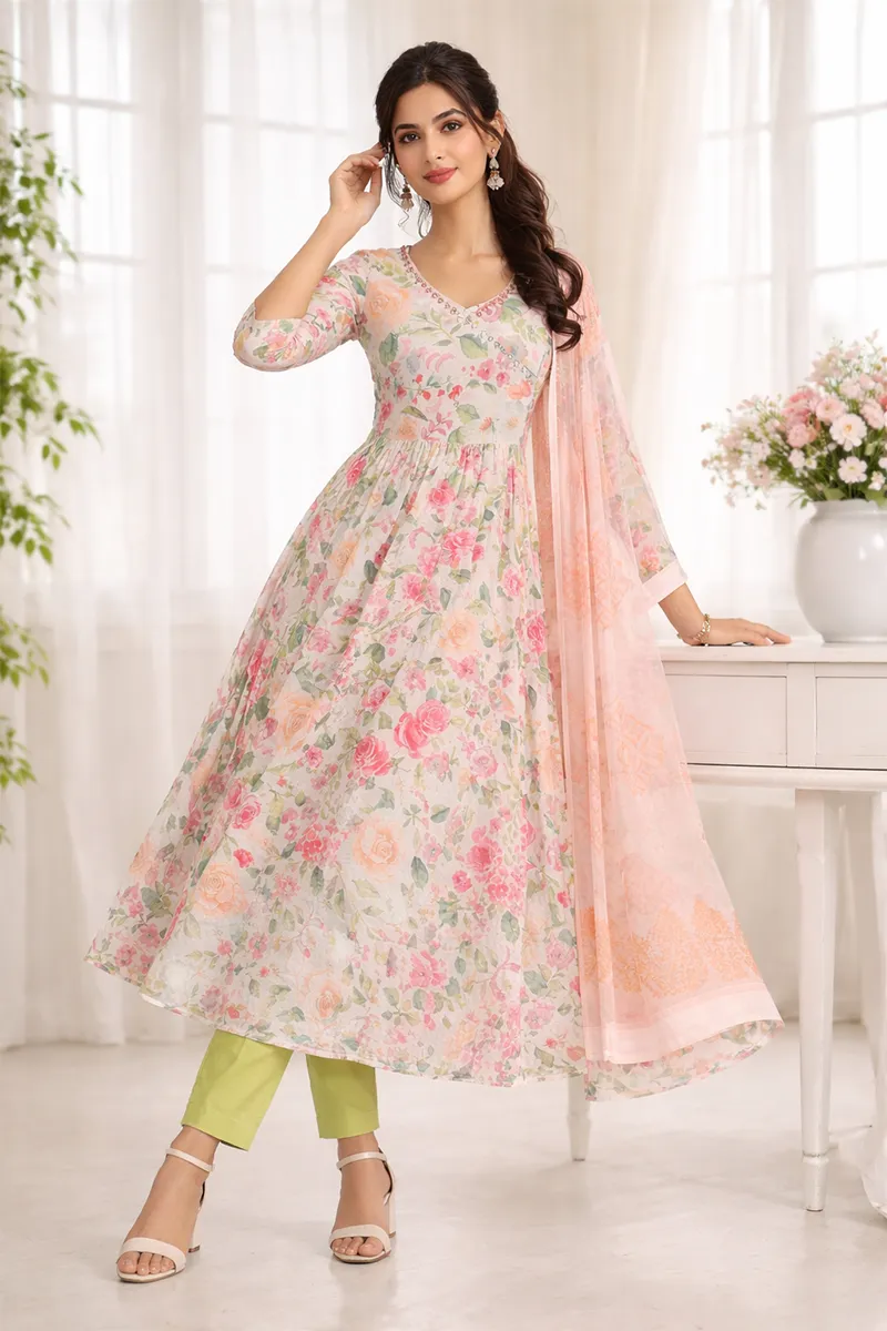 Chiffon Printed Kurta with Pant & Dupatta Set for Women 023079MMUL Kurti set kurthi 3 pcs set kurtha set salwar set 3 piece salwar set three pies kurti set kurti3set