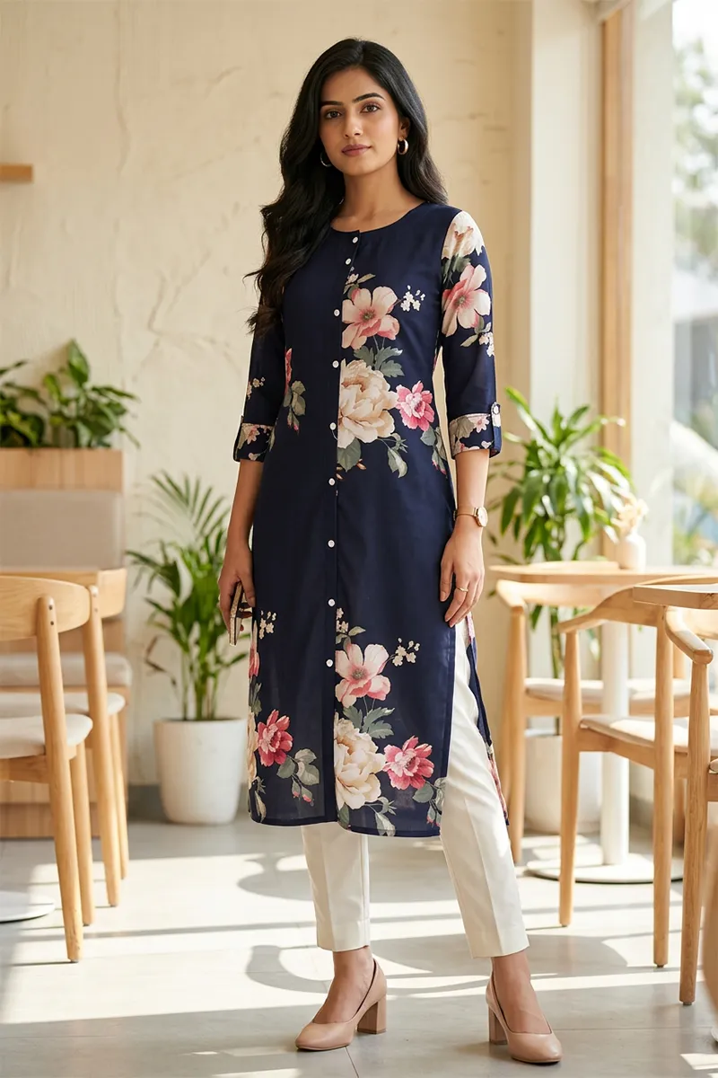 Rayon Printed Kurta for Women 023086XLNAVBLU