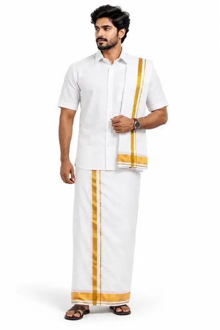 Men's Art Silk Shirt with Dhoti & Towel Set (3-Pcs Set) 023137WHI46