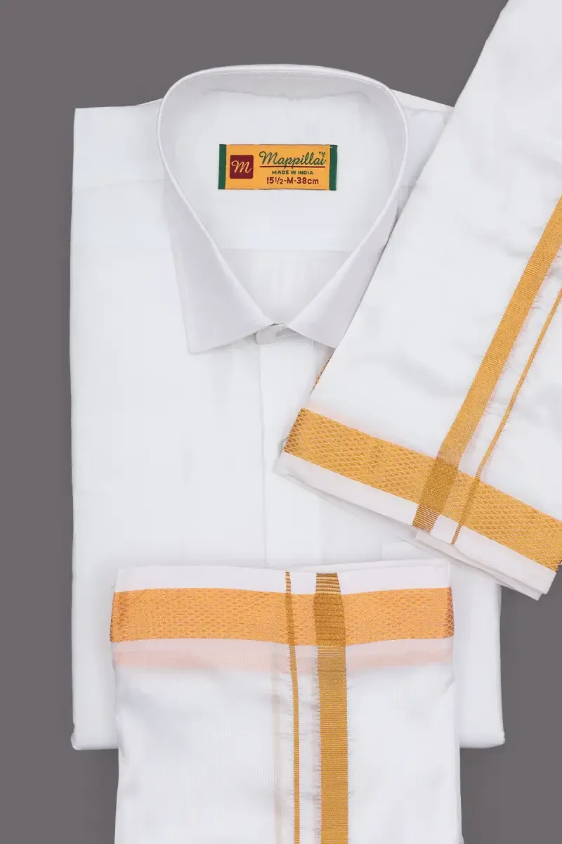 Men's Art Silk Shirt with Dhoti & Towel Set (3-Pcs Set) 023137WHI46