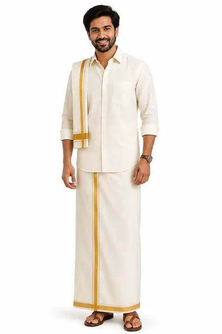 Men's Art Silk Shirt with Dhoti & Towel Set (3-Pcs Set)