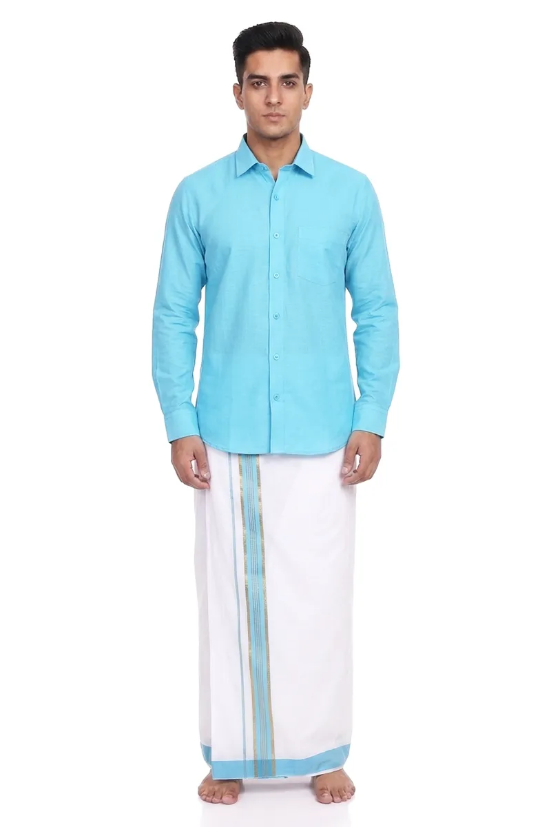 Cotton Shirt with Dhoti Set for Men (2-Pcs Set) 023146BLU40