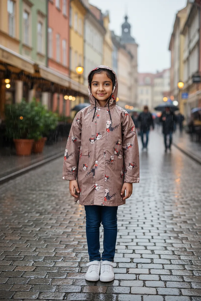 Girl's Nylon Printed Waterproof Rain Jacket (3-4 Yrs) 023182BRO34YRS