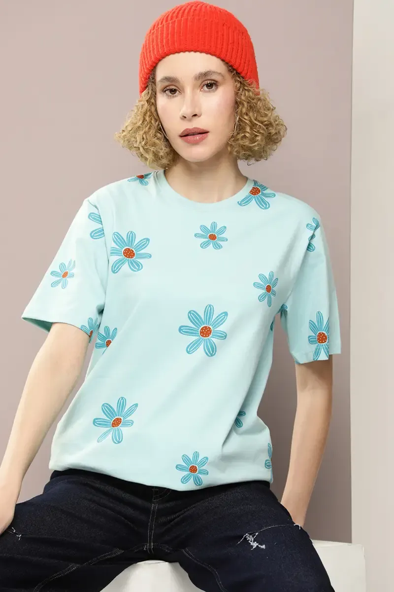 Cotton Floral Printed Oversized T-Shirt for Women