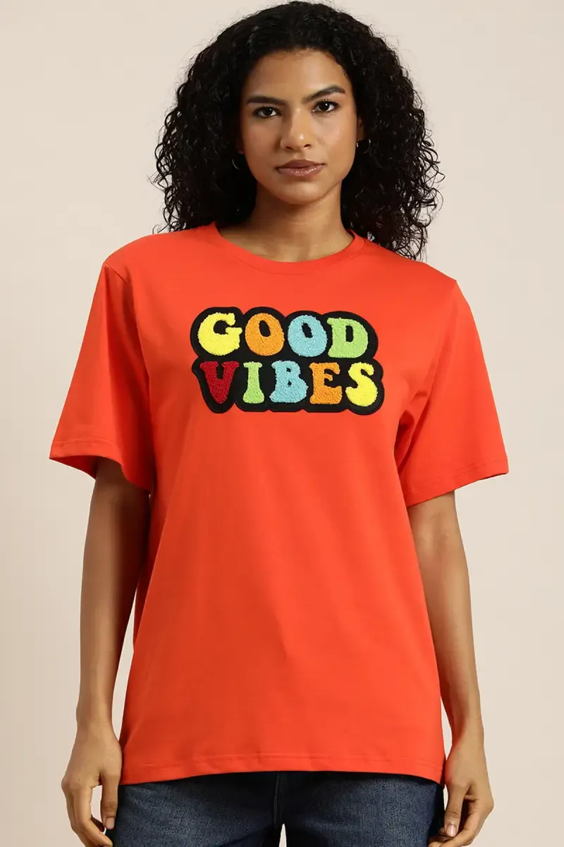 Cotton Typographic Embroidery Oversized T-Shirt for Women