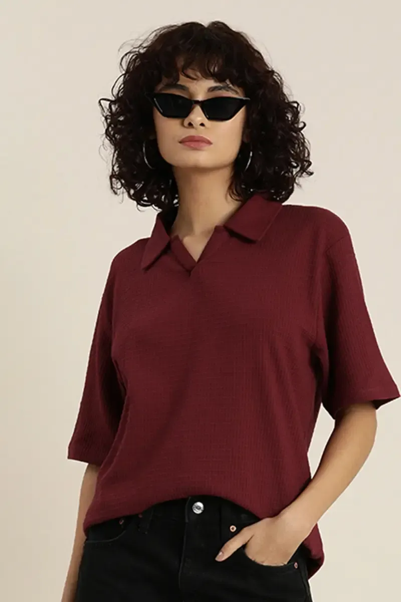 Cotton Self Design Oversized Polo T-Shirt for Women