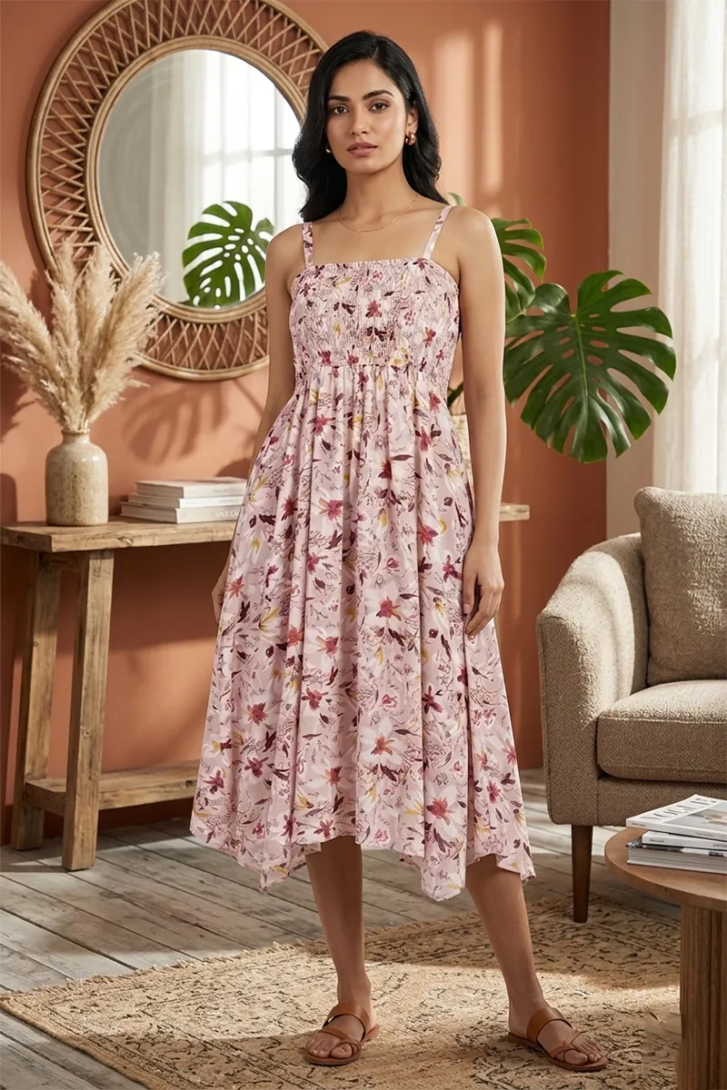 Cotton Blend Floral Printed Western Dress for Women
