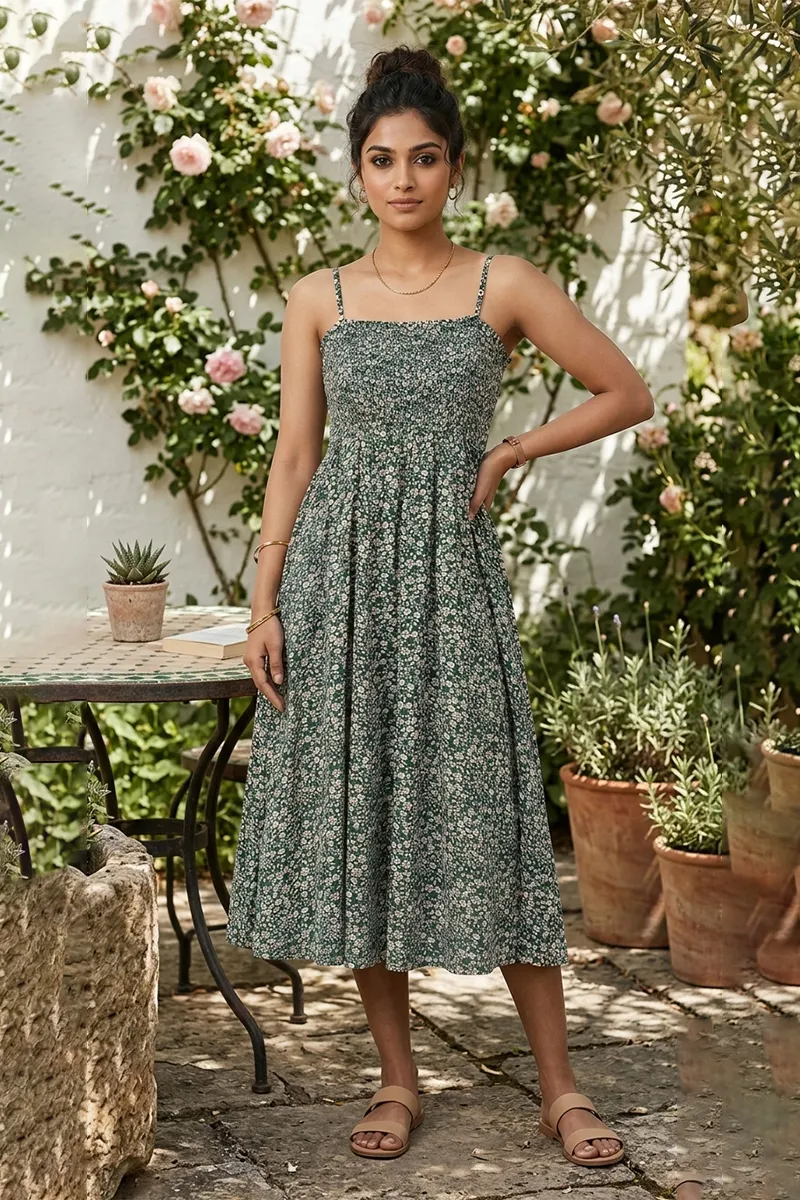 Cotton Blend Floral Printed Dress for Women