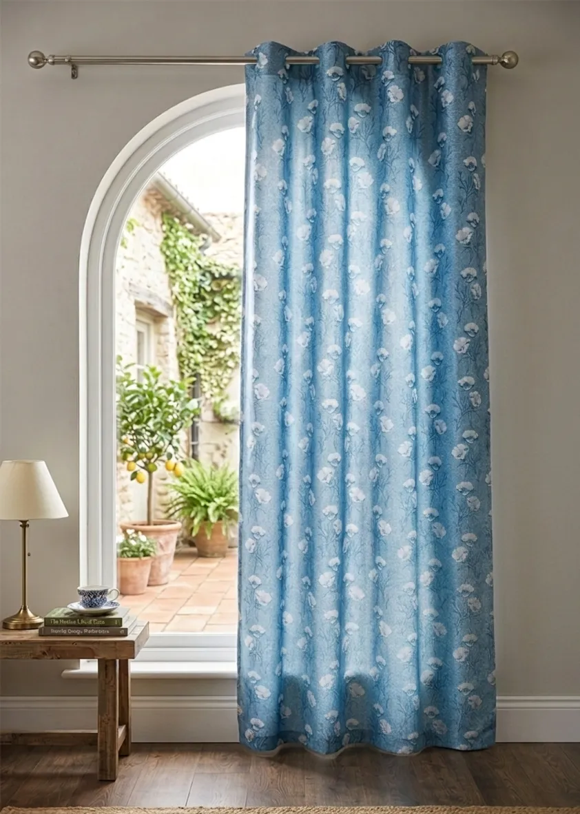 Floral Printed Polyester Blackout Curtain with Eyelet rings for Door - 7 Feet 024413DOO(7FEEBLU