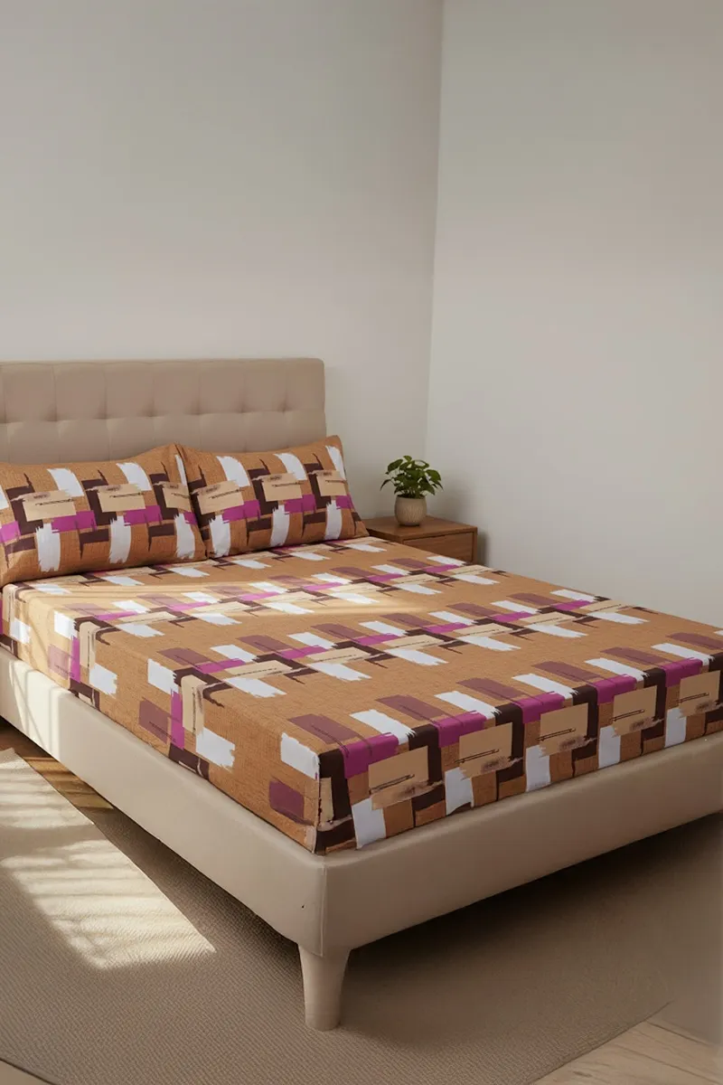 Cotton Fitted Double Size Bedsheet with 2 Pillow Covers, Printed - 3 Pcs (Pratica) 024440DOUBRO2