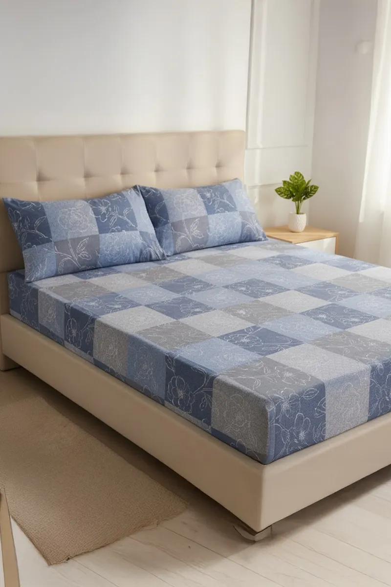 Cotton Double Size Fitted Bedsheet with 2 Pillow Covers - 3 Pcs (Pratica)