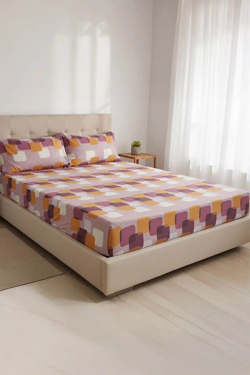 Cotton Fitted Double Size Bedsheet with 2 Pillow Covers, Printed  - 3 Pcs (Pratica) 024440DOUMUL2