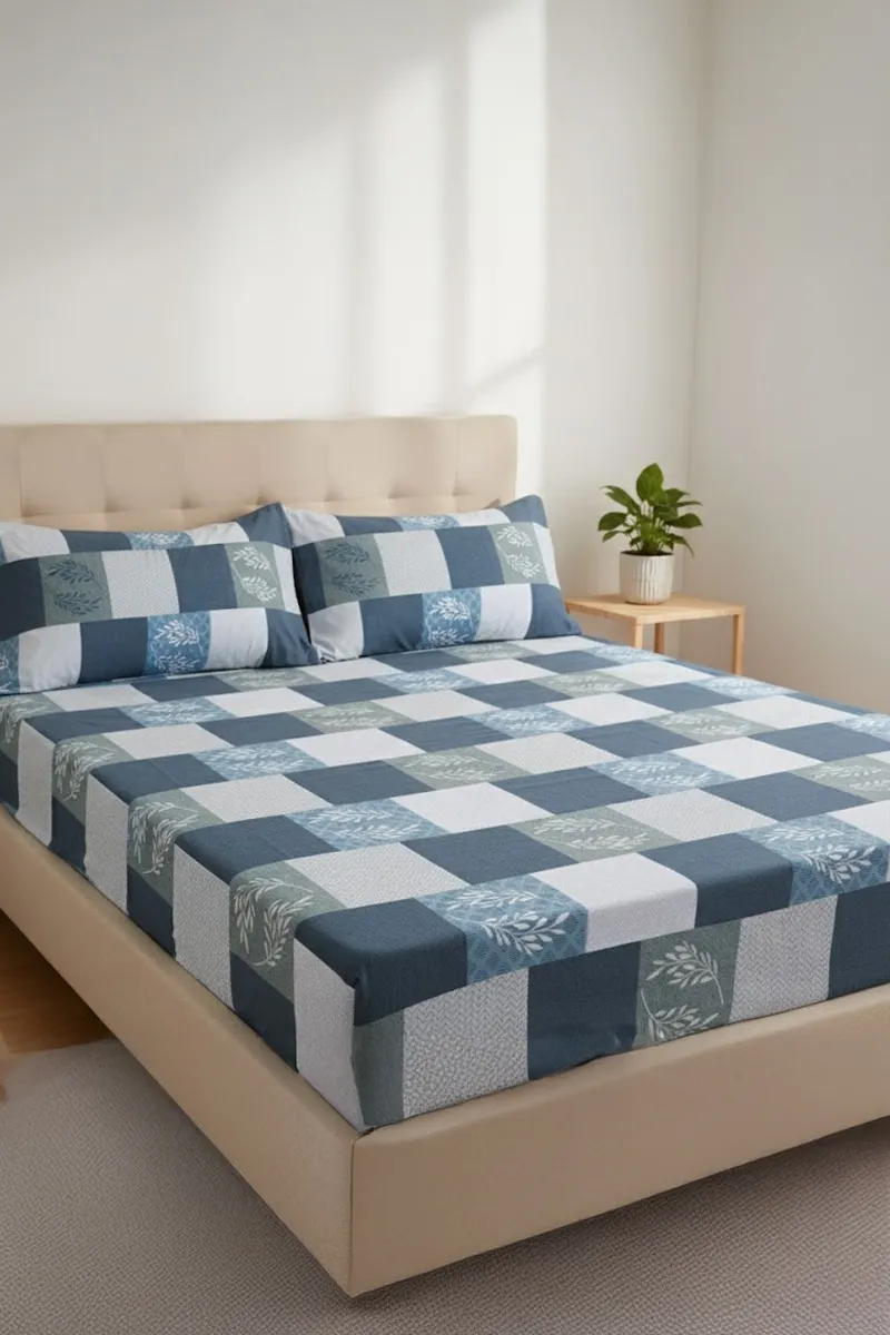 Cotton Fitted Double Size Bedsheet with 2 Pillow Covers, Printed - 3 Pcs (Pratica) 024444DOUGRE&GRE2