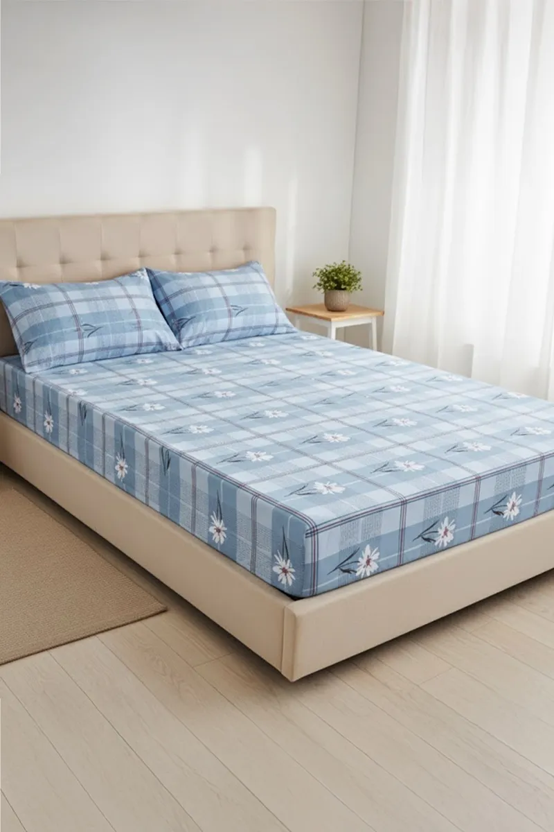 Cotton Printed Fitted Double Size Bedsheet with 2 Pillow Covers - 3 Pcs