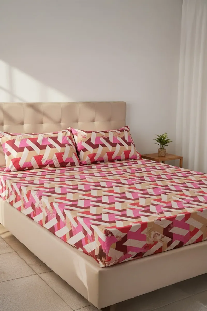 Cotton Fitted Double Size Bedsheet with 2 Pillow Covers, Printed - 3 Pcs (Pratica) 024444DOUMUL2