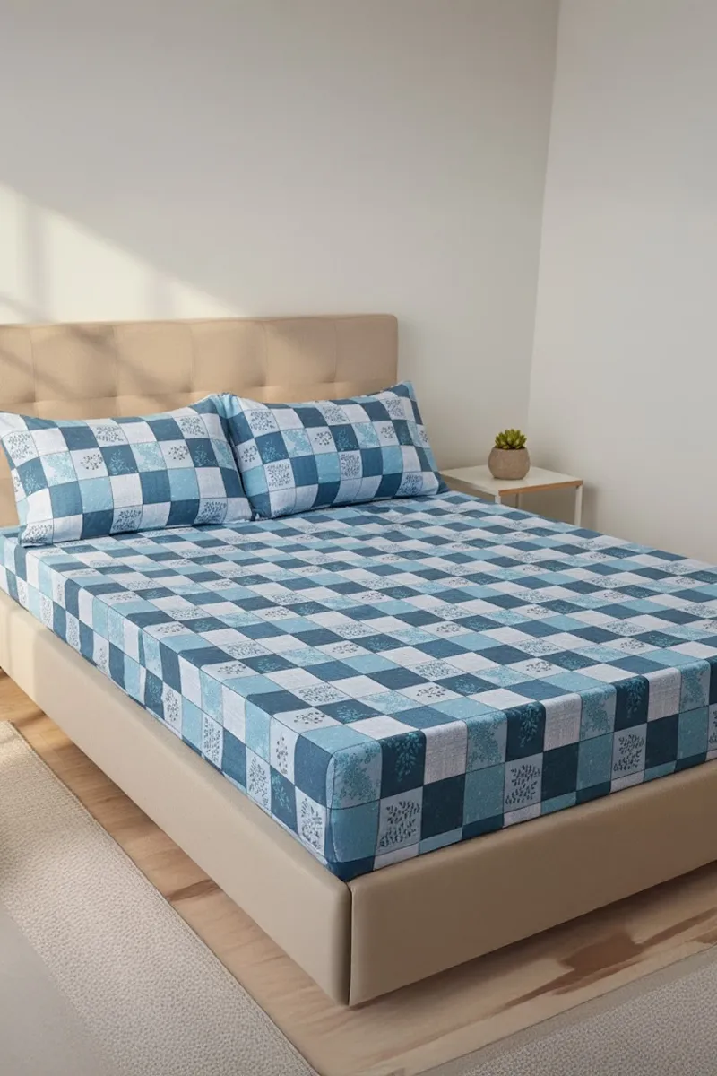 Cotton Fitted Double Size Bedsheet with 2 Pillow Covers, Printed - 3 Pcs (Pratica) 024444DOUTEA2