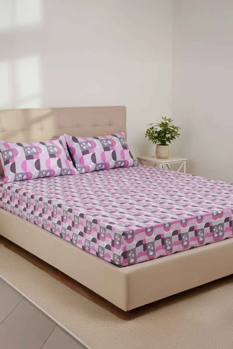 Cotton King Size Fitted Bedsheet with Pillow Covers - Set of 3 (Pratica) 024446KINDEEPIN&GRE2