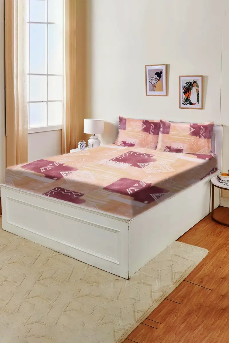 Cotton King Size Fitted Bedsheet with Pillow Covers - Set of 3 (Pratica) 024446KINLIGBRO2