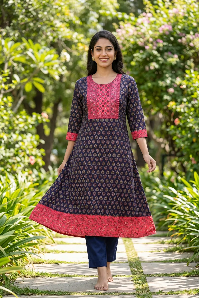 Cotton Printed A-Line Kurti for Women 024471XLNAVBLU
