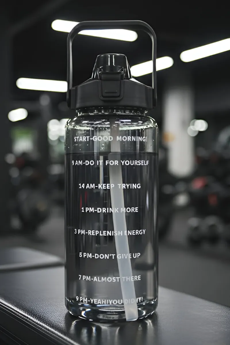 Motivational Water Bottle with Time Markings & Straw Lid - (Black)