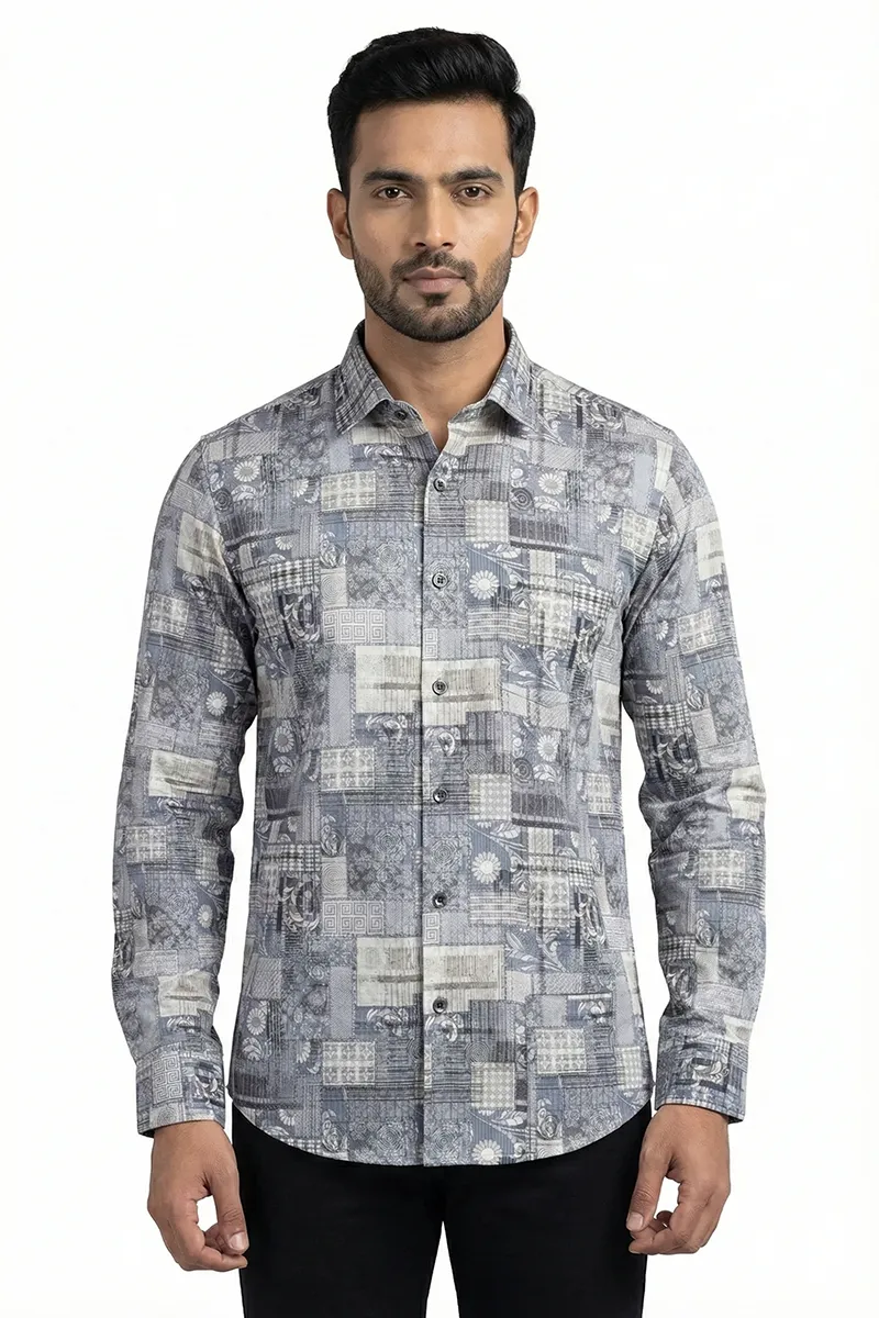 Men's Polycotton Printed Casual Shirt 024811KHAXXL