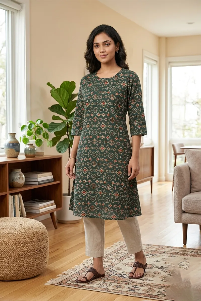 Cotton Printed A-Line Kurti for Women 024876XLGRE