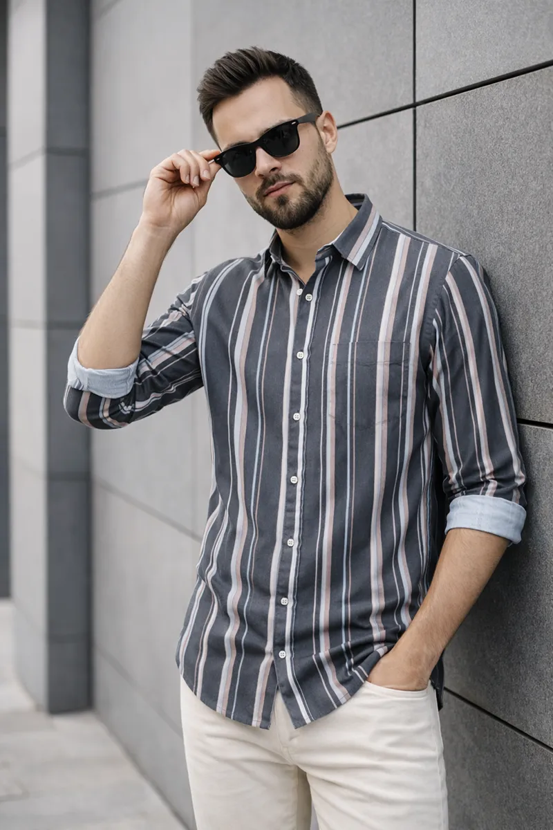 Men's Cotton Shirt with Vertical Stripes 024970GREXXL