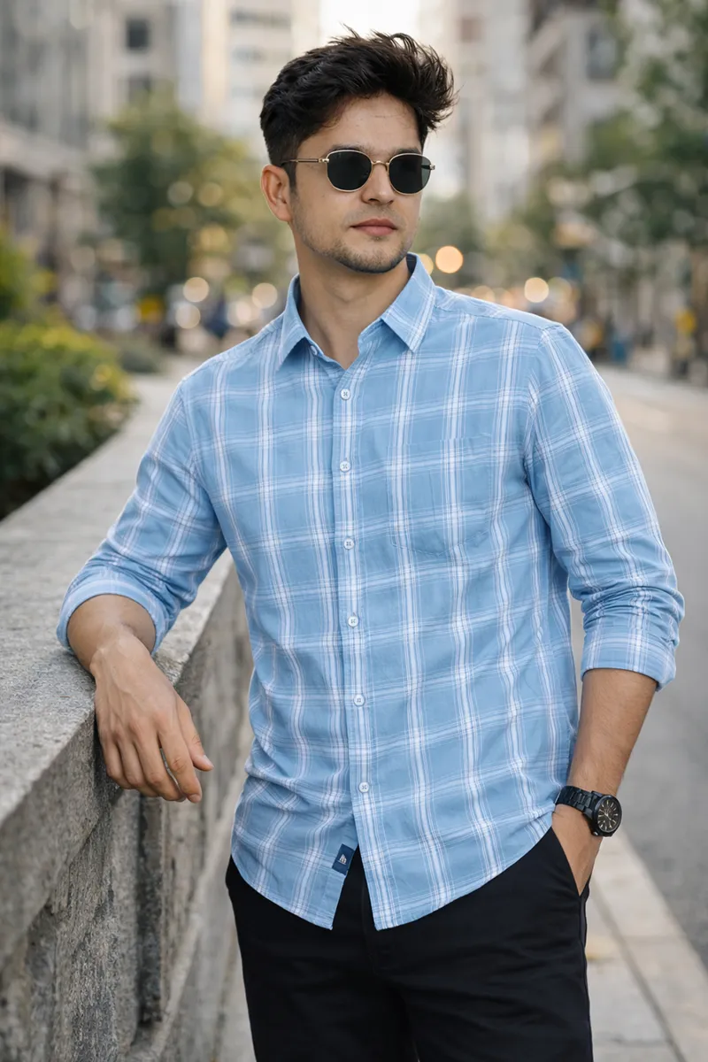 Men's Cotton Casual Shirt with Tartan Checks 024973BLUXL