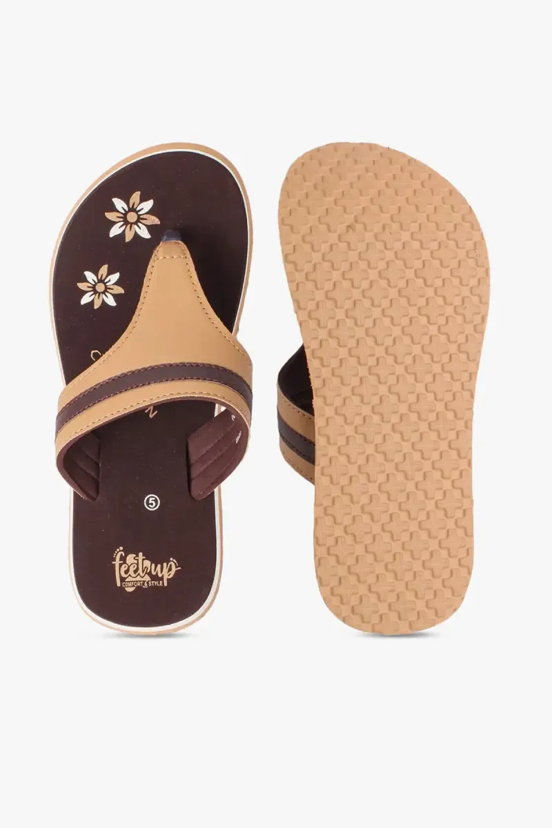 Women's Thong Strap Slippers with Printed Footbed 0249998BRO